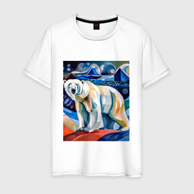 Мужская футболка хлопок с принтом Белый медведь в арктике в Санкт-Петербурге, 100% хлопок | прямой крой, круглый вырез горловины, длина до линии бедер, слегка спущенное плечо. | Тематика изображения на принте: 