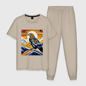 Мужская пижама хлопок с принтом Орел в горах в Петрозаводске, 100% хлопок | брюки и футболка прямого кроя, без карманов, на брюках мягкая резинка на поясе и по низу штанин
 | 