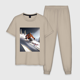 Мужская пижама хлопок с принтом Горнолыжник спускается с горы в Новосибирске, 100% хлопок | брюки и футболка прямого кроя, без карманов, на брюках мягкая резинка на поясе и по низу штанин
 | 