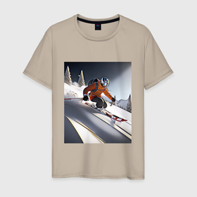Мужская футболка хлопок с принтом Горнолыжник спускается с горы в Новосибирске, 100% хлопок | прямой крой, круглый вырез горловины, длина до линии бедер, слегка спущенное плечо. | Тематика изображения на принте: 