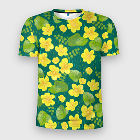 Мужская футболка 3D Slim с принтом Цветы первоцветы калужница болотная в Петрозаводске, 100% полиэстер с улучшенными характеристиками | приталенный силуэт, круглая горловина, широкие плечи, сужается к линии бедра | 