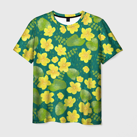 Мужская футболка 3D с принтом Цветы первоцветы калужница болотная в Курске, 100% полиэфир | прямой крой, круглый вырез горловины, длина до линии бедер | 
