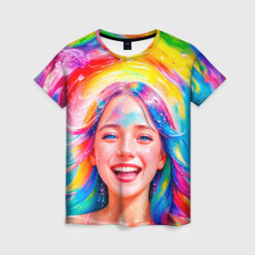 Женская футболка 3D с принтом Девушка с красочными волосами в каплях воды , 100% полиэфир ( синтетическое хлопкоподобное полотно) | прямой крой, круглый вырез горловины, длина до линии бедер | 