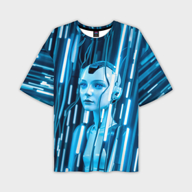 Мужская футболка oversize 3D с принтом Девушка биоробот среди проводов в Белгороде,  |  | Тематика изображения на принте: 