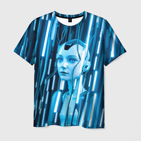 Мужская футболка 3D с принтом Девушка биоробот среди проводов в Петрозаводске, 100% полиэфир | прямой крой, круглый вырез горловины, длина до линии бедер | 