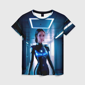 Женская футболка 3D с принтом Девушка биоробот на космической станции , 100% полиэфир ( синтетическое хлопкоподобное полотно) | прямой крой, круглый вырез горловины, длина до линии бедер | 