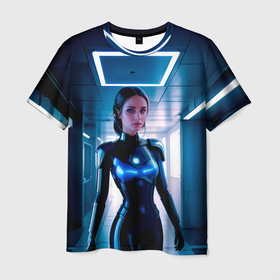 Мужская футболка 3D с принтом Девушка биоробот на космической станции , 100% полиэфир | прямой крой, круглый вырез горловины, длина до линии бедер | 