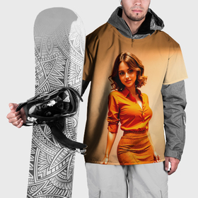 Накидка на куртку 3D с принтом Девушка в оранжевой блузке и юбке в Новосибирске, 100% полиэстер |  | Тематика изображения на принте: 