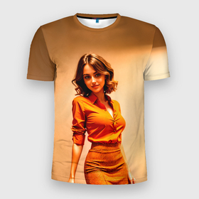 Мужская футболка 3D Slim с принтом Девушка в оранжевой блузке и юбке в Новосибирске, 100% полиэстер с улучшенными характеристиками | приталенный силуэт, круглая горловина, широкие плечи, сужается к линии бедра | Тематика изображения на принте: 