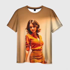 Мужская футболка 3D с принтом Девушка в оранжевой блузке и юбке в Новосибирске, 100% полиэфир | прямой крой, круглый вырез горловины, длина до линии бедер | 