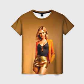 Женская футболка 3D с принтом Девушка в оранжевом пиджаке и золотой юбке в Кировске, 100% полиэфир ( синтетическое хлопкоподобное полотно) | прямой крой, круглый вырез горловины, длина до линии бедер | 