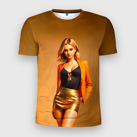 Мужская футболка 3D Slim с принтом Девушка в оранжевом пиджаке и золотой юбке в Белгороде, 100% полиэстер с улучшенными характеристиками | приталенный силуэт, круглая горловина, широкие плечи, сужается к линии бедра | Тематика изображения на принте: 