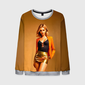 Мужской свитшот 3D с принтом Девушка в оранжевом пиджаке и золотой юбке в Тюмени, 100% полиэстер с мягким внутренним слоем | круглый вырез горловины, мягкая резинка на манжетах и поясе, свободная посадка по фигуре | 