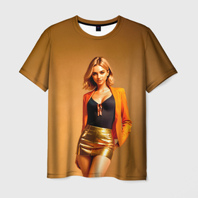 Мужская футболка 3D с принтом Девушка в оранжевом пиджаке и золотой юбке в Кировске, 100% полиэфир | прямой крой, круглый вырез горловины, длина до линии бедер | 
