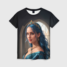 Женская футболка 3D с принтом Девушка принцесса с синими волосами в Тюмени, 100% полиэфир ( синтетическое хлопкоподобное полотно) | прямой крой, круглый вырез горловины, длина до линии бедер | 