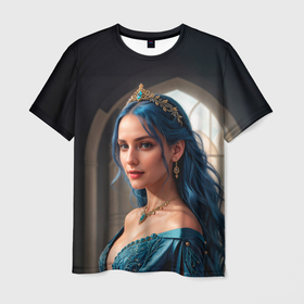 Мужская футболка 3D с принтом Девушка принцесса с синими волосами в Тюмени, 100% полиэфир | прямой крой, круглый вырез горловины, длина до линии бедер | 