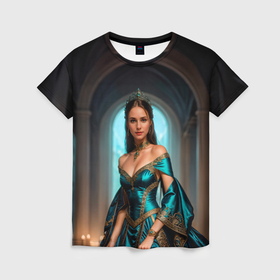 Женская футболка 3D с принтом Девушка принцесса в бирюзовом платье с драгоценностями в Екатеринбурге, 100% полиэфир ( синтетическое хлопкоподобное полотно) | прямой крой, круглый вырез горловины, длина до линии бедер | 