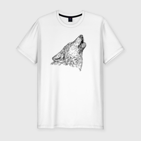 Мужская футболка хлопок Slim с принтом Волк воющий в Курске, 92% хлопок, 8% лайкра | приталенный силуэт, круглый вырез ворота, длина до линии бедра, короткий рукав | 