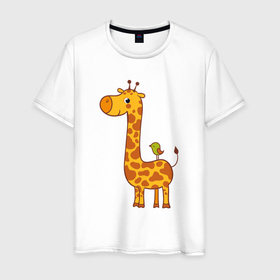 Мужская футболка хлопок с принтом Жираф и птичка в Петрозаводске, 100% хлопок | прямой крой, круглый вырез горловины, длина до линии бедер, слегка спущенное плечо. | 