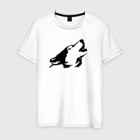 Мужская футболка хлопок с принтом Голова воющего волка в Белгороде, 100% хлопок | прямой крой, круглый вырез горловины, длина до линии бедер, слегка спущенное плечо. | 