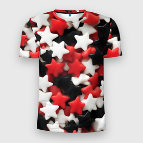 Мужская футболка 3D Slim с принтом Сладкие Звёзды чёрно красные в Тюмени, 100% полиэстер с улучшенными характеристиками | приталенный силуэт, круглая горловина, широкие плечи, сужается к линии бедра | Тематика изображения на принте: 