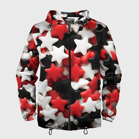 Мужская ветровка 3D с принтом Сладкие Звёзды чёрно красные в Санкт-Петербурге, 100% полиэстер | подол и капюшон оформлены резинкой с фиксаторами, два кармана без застежек по бокам, один потайной карман на груди | 