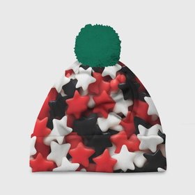Шапка 3D c помпоном с принтом Сладкие Звёзды чёрно красные в Тюмени, 100% полиэстер | универсальный размер, печать по всей поверхности изделия | Тематика изображения на принте: 