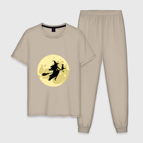 Мужская пижама хлопок с принтом Ведьма и кот летят на метле, луна в Тюмени, 100% хлопок | брюки и футболка прямого кроя, без карманов, на брюках мягкая резинка на поясе и по низу штанин
 | 
