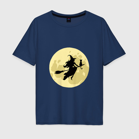 Мужская футболка хлопок Oversize с принтом Ведьма и кот летят на метле, луна в Тюмени, 100% хлопок | свободный крой, круглый ворот, “спинка” длиннее передней части | 