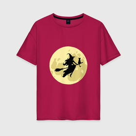 Женская футболка хлопок Oversize с принтом Ведьма и кот летят на метле, луна в Тюмени, 100% хлопок | свободный крой, круглый ворот, спущенный рукав, длина до линии бедер
 | 