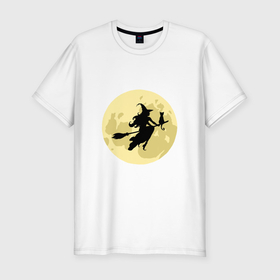 Мужская футболка хлопок Slim с принтом Ведьма и кот летят на метле, луна в Тюмени, 92% хлопок, 8% лайкра | приталенный силуэт, круглый вырез ворота, длина до линии бедра, короткий рукав | 