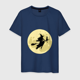 Мужская футболка хлопок с принтом Ведьма и кот летят на метле, луна в Тюмени, 100% хлопок | прямой крой, круглый вырез горловины, длина до линии бедер, слегка спущенное плечо. | 