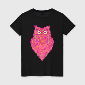 Женская футболка хлопок с принтом Розовая сова в Кировске, 100% хлопок | прямой крой, круглый вырез горловины, длина до линии бедер, слегка спущенное плечо | 