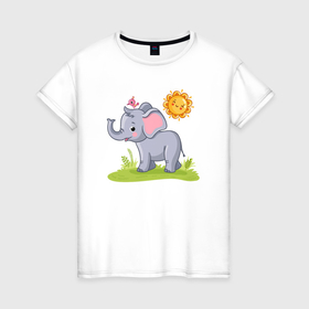 Женская футболка хлопок с принтом Солнечный слоненок в Белгороде, 100% хлопок | прямой крой, круглый вырез горловины, длина до линии бедер, слегка спущенное плечо | 