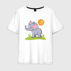 Мужская футболка хлопок Oversize с принтом Солнечный слоненок в Белгороде, 100% хлопок | свободный крой, круглый ворот, “спинка” длиннее передней части | 