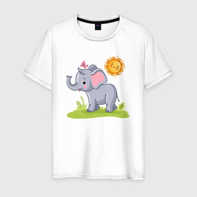 Мужская футболка хлопок с принтом Солнечный слоненок в Белгороде, 100% хлопок | прямой крой, круглый вырез горловины, длина до линии бедер, слегка спущенное плечо. | 