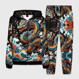 Мужской костюм 3D с принтом Дракон на волнах в  японском стиле арт в Курске, 100% полиэстер | Манжеты и пояс оформлены тканевой резинкой, двухслойный капюшон со шнурком для регулировки, карманы спереди | 