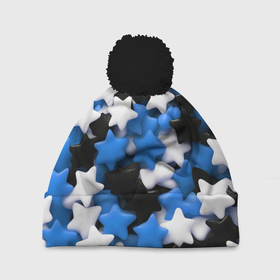 Шапка 3D c помпоном с принтом Сладкие звёзды чёрно синие в Тюмени, 100% полиэстер | универсальный размер, печать по всей поверхности изделия | 