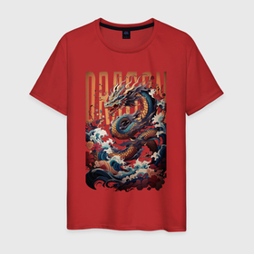 Мужская футболка хлопок с принтом С драконом на волне и цветами в Белгороде, 100% хлопок | прямой крой, круглый вырез горловины, длина до линии бедер, слегка спущенное плечо. | Тематика изображения на принте: 