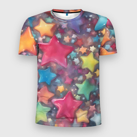 Мужская футболка 3D Slim с принтом Разноцветные новогодние звёзды в Белгороде, 100% полиэстер с улучшенными характеристиками | приталенный силуэт, круглая горловина, широкие плечи, сужается к линии бедра | 