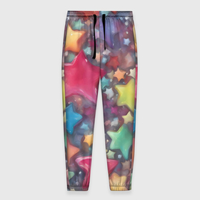 Мужские брюки 3D с принтом Разноцветные новогодние звёзды в Белгороде, 100% полиэстер | манжеты по низу, эластичный пояс регулируется шнурком, по бокам два кармана без застежек, внутренняя часть кармана из мелкой сетки | 