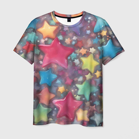 Мужская футболка 3D с принтом Разноцветные новогодние звёзды в Белгороде, 100% полиэфир | прямой крой, круглый вырез горловины, длина до линии бедер | 