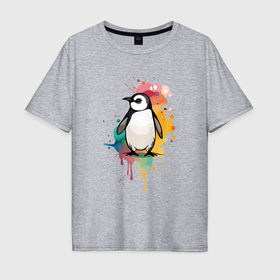 Мужская футболка хлопок Oversize с принтом Красочный пингвин в Курске, 100% хлопок | свободный крой, круглый ворот, “спинка” длиннее передней части | 