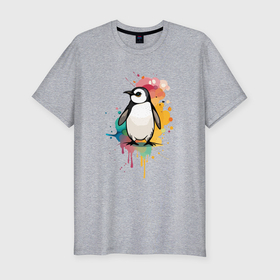 Мужская футболка хлопок Slim с принтом Красочный пингвин в Петрозаводске, 92% хлопок, 8% лайкра | приталенный силуэт, круглый вырез ворота, длина до линии бедра, короткий рукав | 