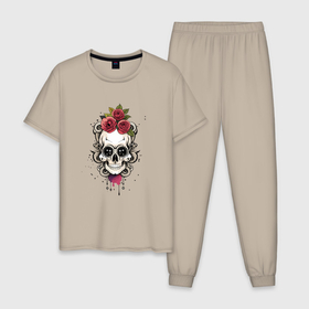 Мужская пижама хлопок с принтом Мексиканский  сахарный череп в Тюмени, 100% хлопок | брюки и футболка прямого кроя, без карманов, на брюках мягкая резинка на поясе и по низу штанин
 | Тематика изображения на принте: 