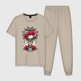 Мужская пижама хлопок с принтом Праздничный череп в Курске, 100% хлопок | брюки и футболка прямого кроя, без карманов, на брюках мягкая резинка на поясе и по низу штанин
 | 