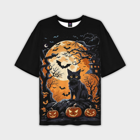 Мужская футболка oversize 3D с принтом Котик на хеллоуине и большая луна в Курске,  |  | Тематика изображения на принте: 
