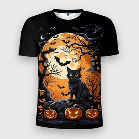 Мужская футболка 3D Slim с принтом Котик на хеллоуине и большая луна в Курске, 100% полиэстер с улучшенными характеристиками | приталенный силуэт, круглая горловина, широкие плечи, сужается к линии бедра | Тематика изображения на принте: 