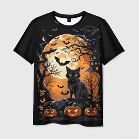 Мужская футболка 3D с принтом Котик на хеллоуине и большая луна в Петрозаводске, 100% полиэфир | прямой крой, круглый вырез горловины, длина до линии бедер | 