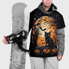 Накидка на куртку 3D с принтом Котик на хеллоуине и большая луна в Екатеринбурге, 100% полиэстер |  | Тематика изображения на принте: 
